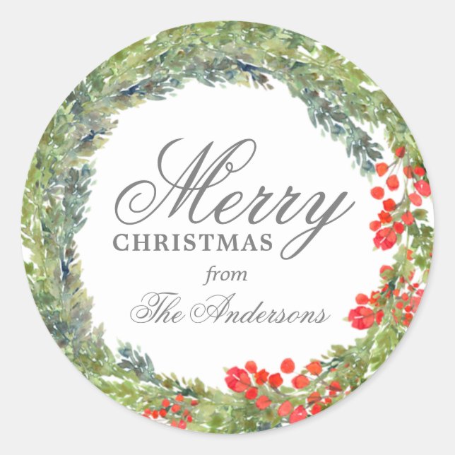 Personalized Merry Christmas Wreath Classic Round Sticker (Front)