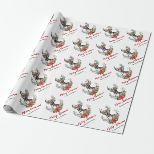 Personalized Merry Christmas Wreath Deer Holiday Wrapping Paper