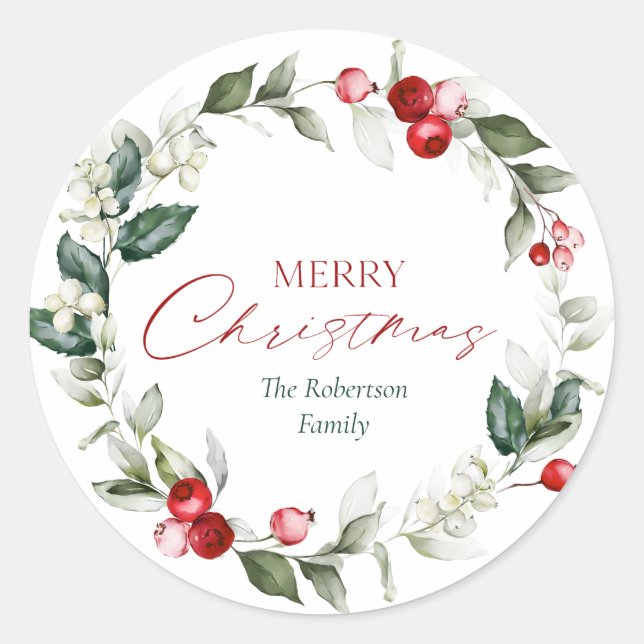 Personalized Merry Christmas Wreath Gift Stickers (Front)