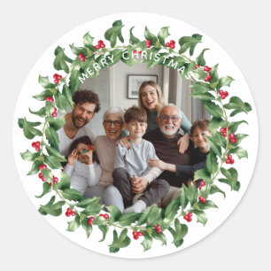 Personalized Merry Christmas Wreath Photo Classic Round Sticker