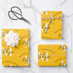 Personalized Merry Christmas Yellow Monogram Wrapping Paper Sheets
