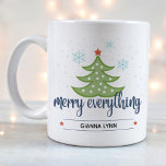 Personalized Merry Everything Evergreen Tree Coffee Mug<br><div class="desc">Spread the warmth of the holiday season with this unique coffee mug featuring elegant blue typography that says, “Merry Everything, ” an illustration of a simple evergreen tree topped with a star, delicate snowflakes, and a place to add your own customized text or name. This holiday mug features a universal...</div>