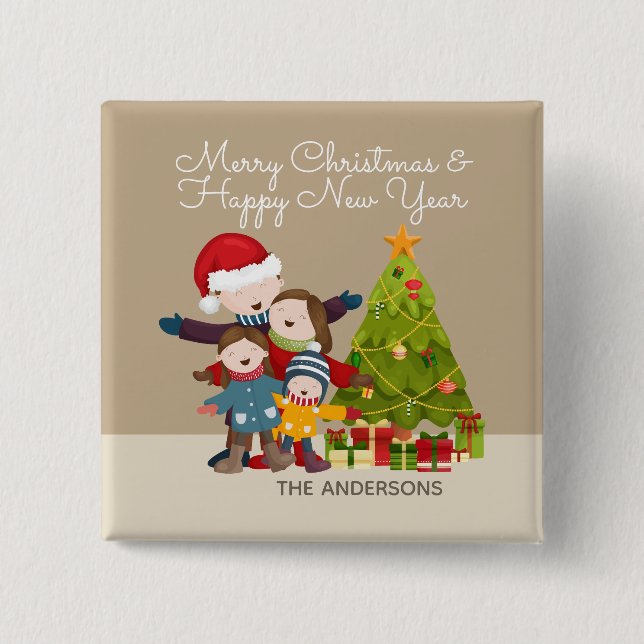 Personalized Merry Family Christmas Pin Button (Front)
