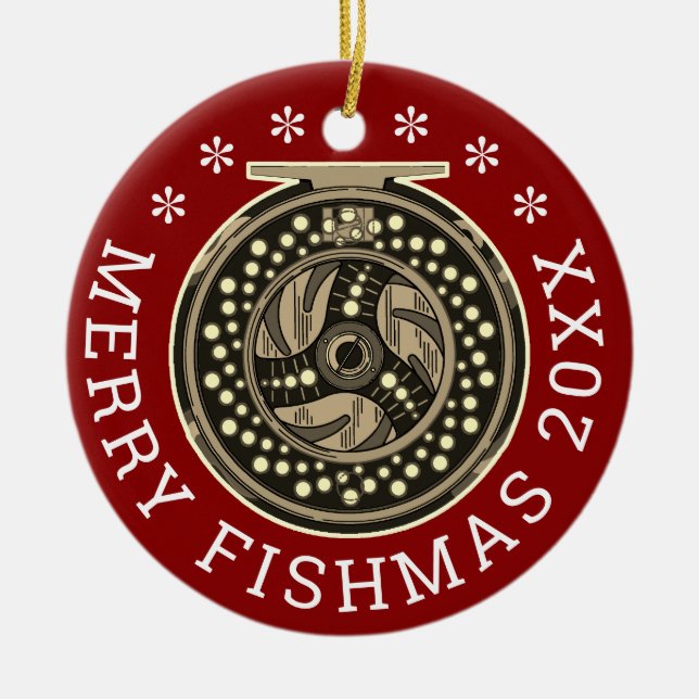 Personalized "Merry Fishmas" Fly Fishing Angler's Ceramic Ornament (Front)