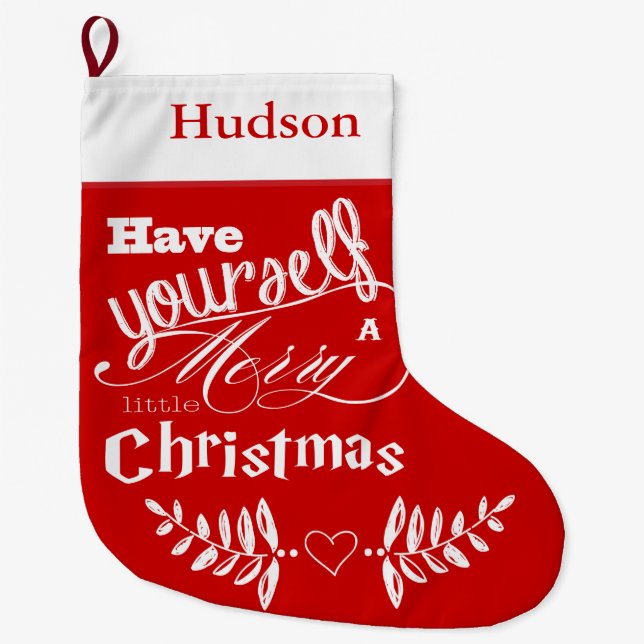 Personalized Merry Little Christmas Red White Large Christmas Stocking (Front)