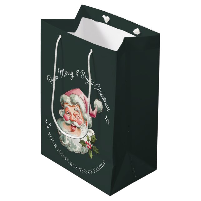 Personalized Merry Pink Christmas Santa retro Medium Gift Bag (Front Angled)