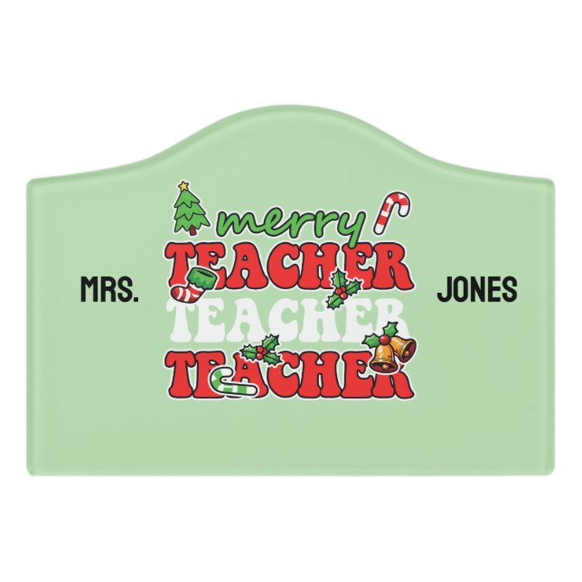 Personalized Merry Teacher Door Sign (Small Crest Front)