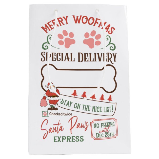 Personalized Merry Woofmas Santa Paws Express Medium Gift Bag (Front)