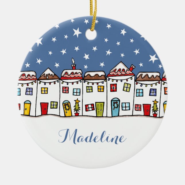 Personalized Message Christmas Scene Tree Ceramic Ornament (Front)