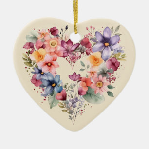Personalized Message Colorful Floral Heart Gift Ceramic Ornament