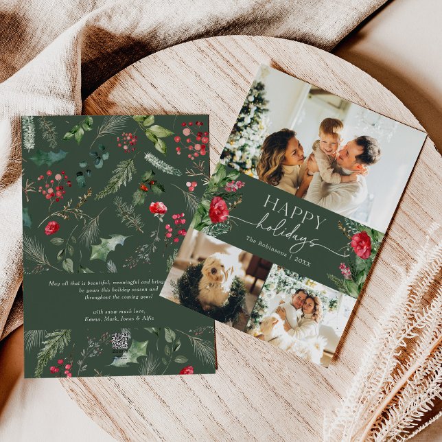 Personalized Message Forest Green Foliage 3 Photo Holiday Card (Creator Uploaded)