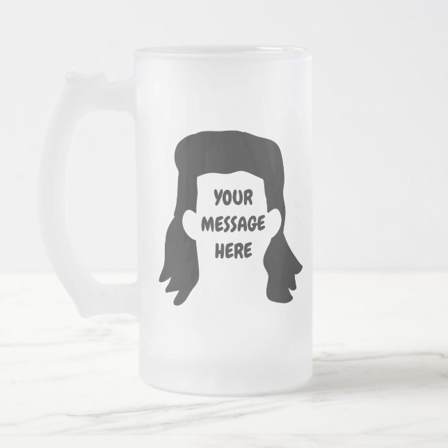 Personalized Message Funny Mullet Illustration Frosted Glass Beer Mug (Left)