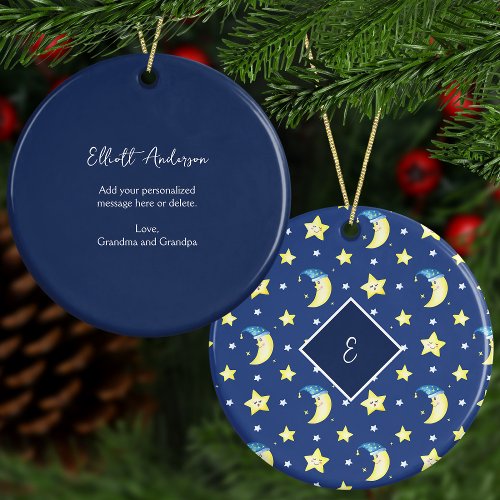 Personalized Message Moon and Stars Blue Christmas Ceramic Ornament