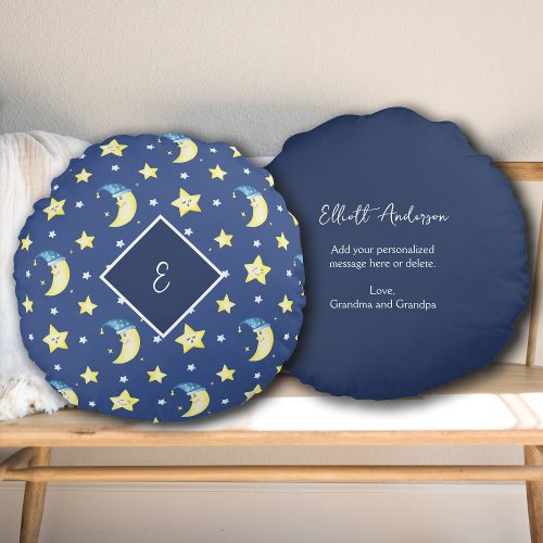 Personalized Message Moon and Stars Blue Round Pillow