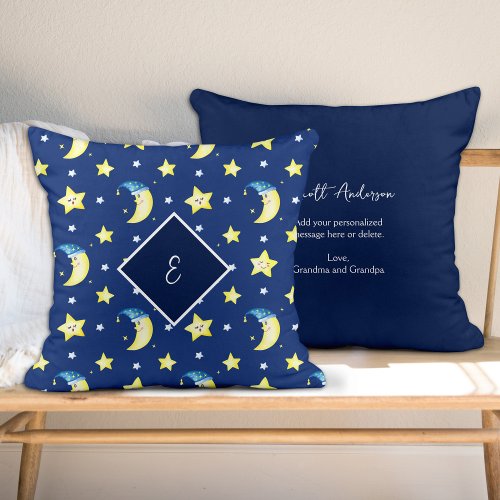 Personalized Message Moon and Stars Blue Throw Pillow