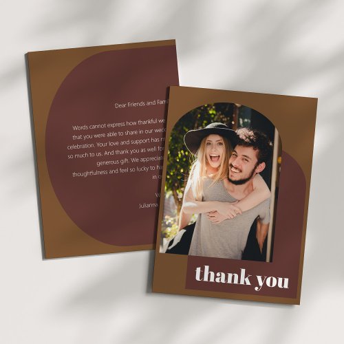 Personalized Message Retro 70s Brown Wedding Photo Thank You Card