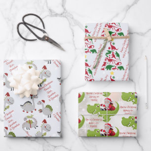 Personalized message template dinosaur Christmas Wrapping Paper Sheets