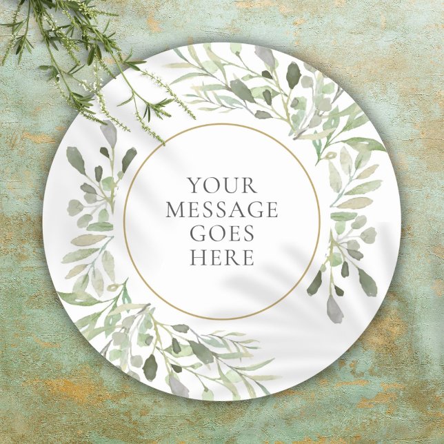 Personalized Message Watercolor Greenery Classic Round Sticker (Personalized Message Watercolor Greenery Classic Round Sticker)