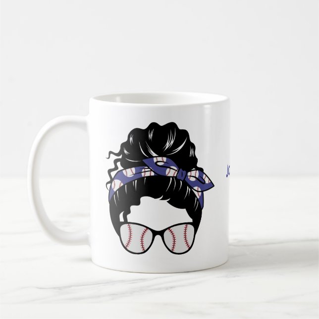 Personalized Messy Bun Baseball Mom Coffee Mug (Left)