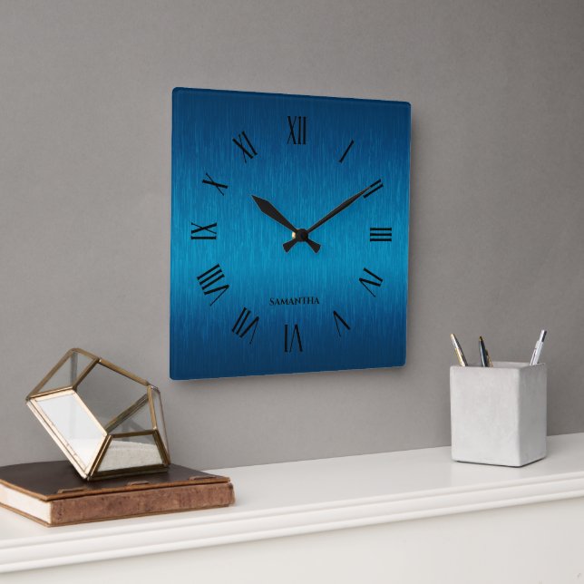 Personalized Metallic blue roman numerals Square Wall Clock (Office)