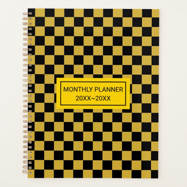 Personalized Metallic Gold Black Square Pattern Planner (Front)