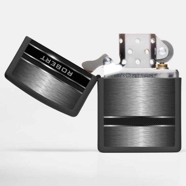 Personalized Metallic Gray Geometric Design Zippo Lighter (Opened)