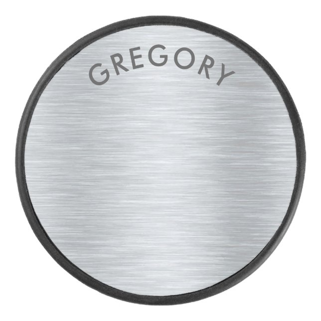 Personalized metallic gray texture monogram hockey puck (Front)