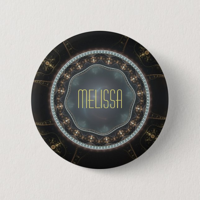 Personalized Metallic Ornate Steampunk Fractal Button (Front)