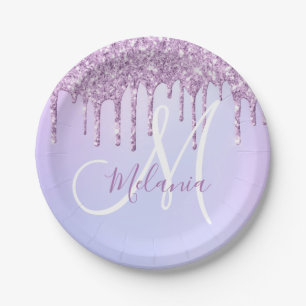 Personalized Metallic Purple Drip Lavender Pour   Paper Plates