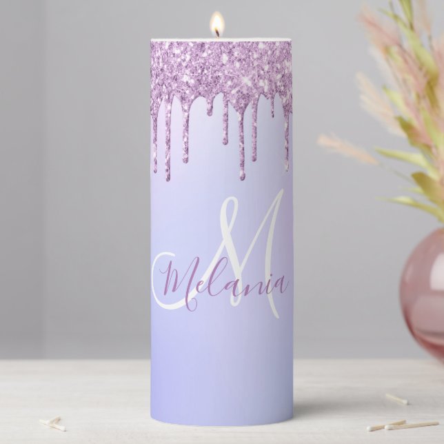 Personalized Metallic Purple Drip Lavender Pour   Pillar Candle (In Situ)