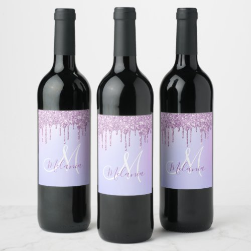 Personalized Metallic Purple Drip Lavender Pour    Wine Label