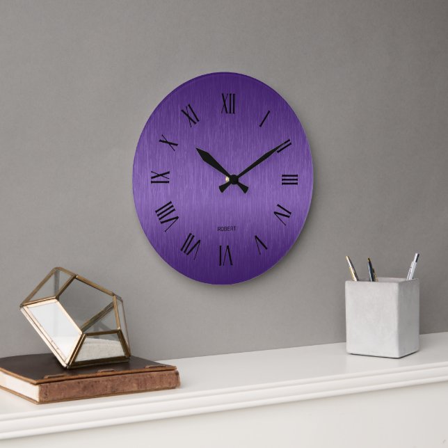 Personalized Metallic purple roman numerals Large Clock (Office)