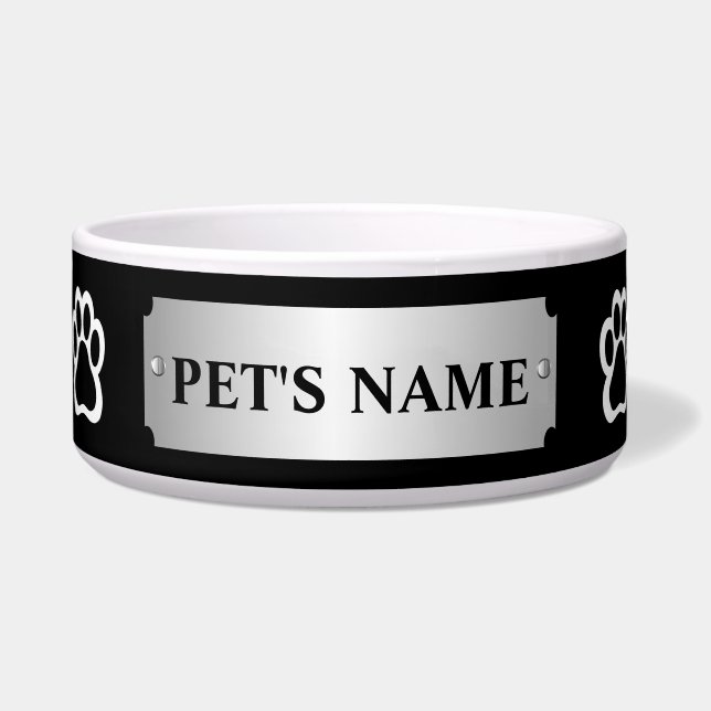 Personalized Metallic Silver Name Plate Dog Bowl (Front)