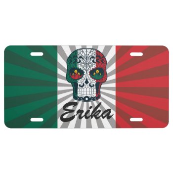 Personalized Mexican Flag Colors Sugar Skull License Plate by TattooSugarSkulls at Zazzle
