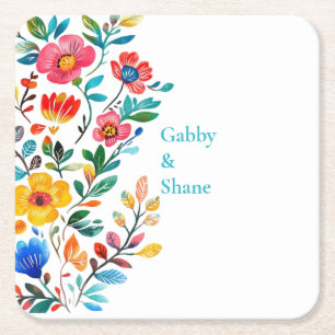 Personalized Mexican Floral Square Paper Coaster