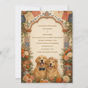 Personalized Mexican Folk Art Golden Retriever Wed Invitation