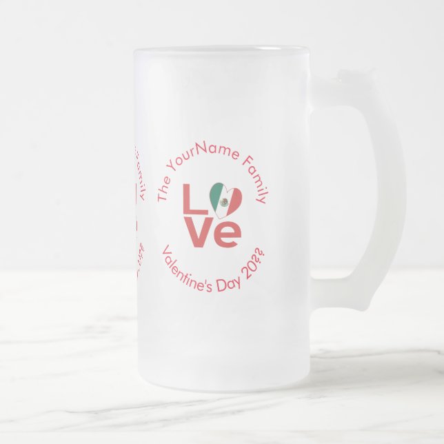 Personalized Mexican Red LOVE Flag Frosted Glass Beer Mug (Right)