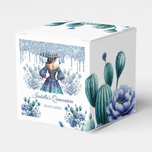 Personalized Mexican Style Quinceañera Royal Blue Favor Boxes (Front Side)