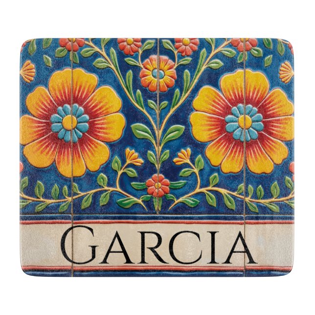 Personalized Mexican Tile Glass Cutting Board (Front)