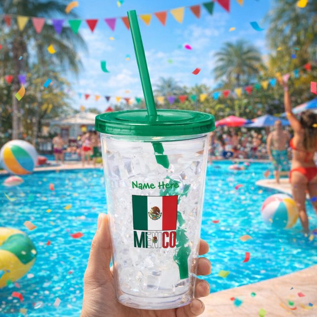 Personalized Mexico Flag Acrylic Tumbler (Personalized acrylic tumbler has the Mexican Flag and MEXICO in flag colors. Add a name above.)