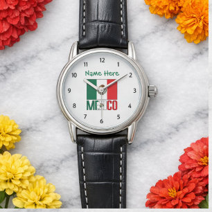 Personalized Mexico Flag Arabic Leather Men's Watch