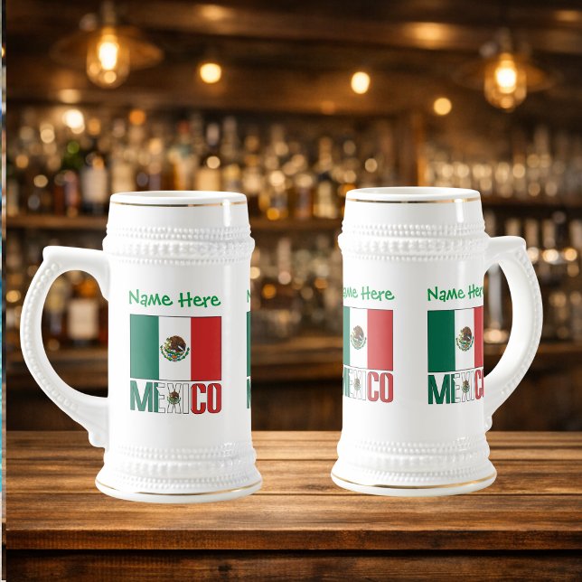 Personalized Mexico Flag Beer Stein (Personalized beer stein with design on three sides. Mexican Flag and MEXICO with name above.)