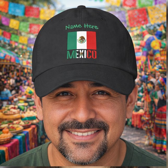 Personalized Mexico Flag Hat (Personalized dad hat has Mexican Flag and MEXICO below in flag colors. Above add a name in green.)