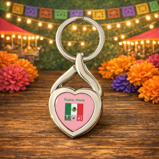 Personalized Mexico Flag Heart Keychain (Personalized heart shaped keychain with pink background and Mexican Flag and MEXICO with name above.)