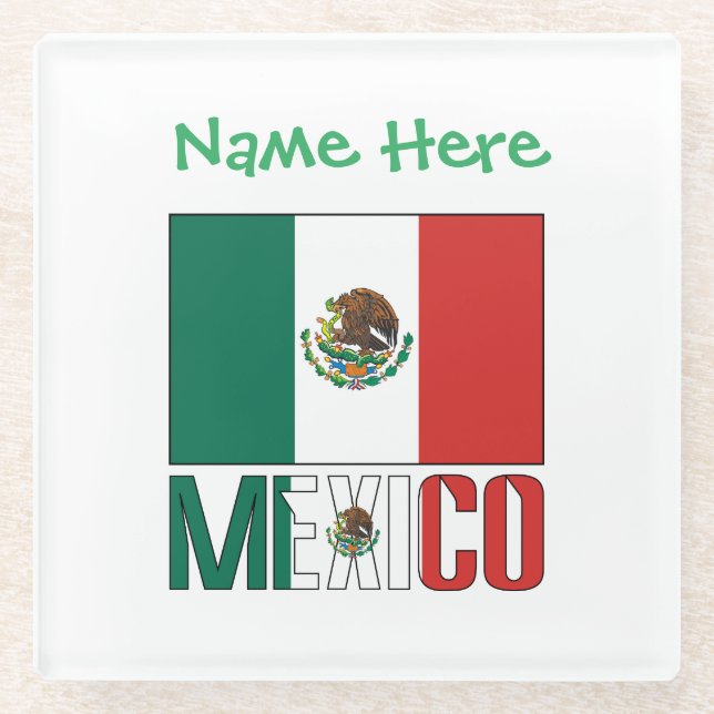 Personalized Mexico Flag Name Design Glass Coaster (Front)
