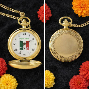 Personalized Mexico Flag Roman Numeral Pocket Watch