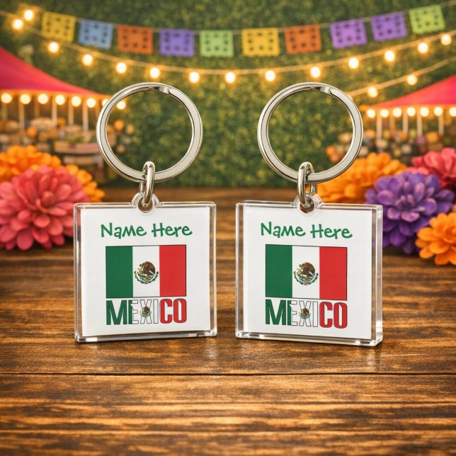Personalized Mexico Flag Square Acrylic Keychain (Personalized acrylic square keychain with Mexican flag and MEXICO, Name in green text above.)