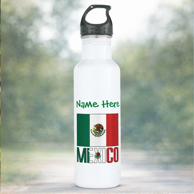 Personalized Mexico Flag Stainless Steel Water Bottle (Personalized water bottle has Mexican Flag and MEXICO. Add a name in green text above the flag.)