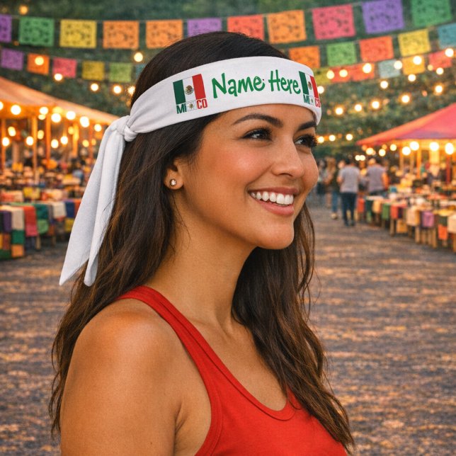 Personalized Mexico Flag Tie Headband (White tie headband with green Name Here text and Mexican flags on each side, festive background)