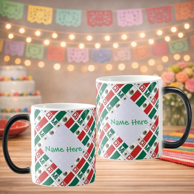 Personalized Mexico Flag Tiled Color Morph Mug (Personalized morph mug with tiled Mexican flag, MEXICO below. White fractals hold name on two sides.)